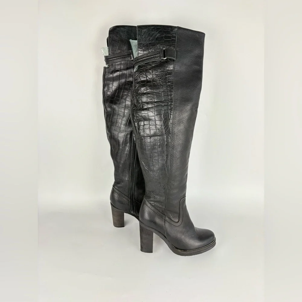 New Free People Black Leather Novak Over the Knee Heeled Boots